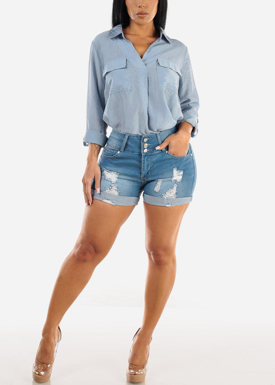 Ripped Butt Lifting Light Denim Cuffed Shorts