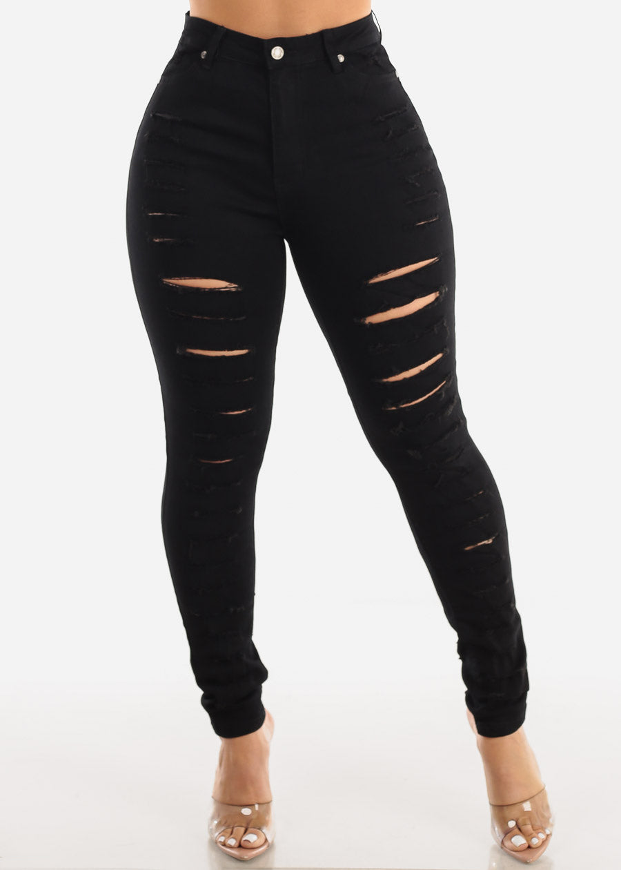 Sexy High Waisted Ripped Front Back Skinny Stretchy Black Jeans with ...