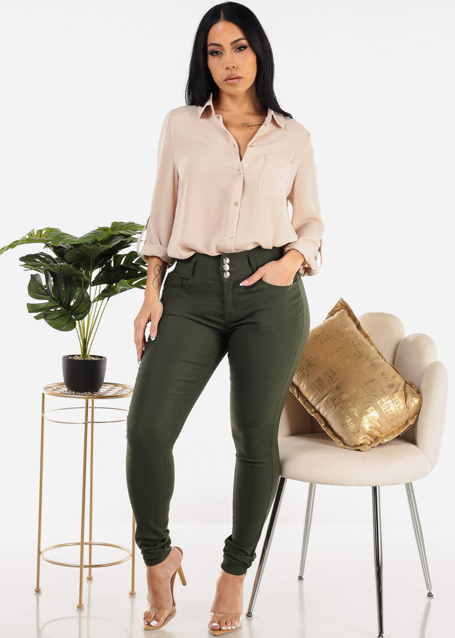 High Waist Butt Lift Levanta Cola Olive Jeggings