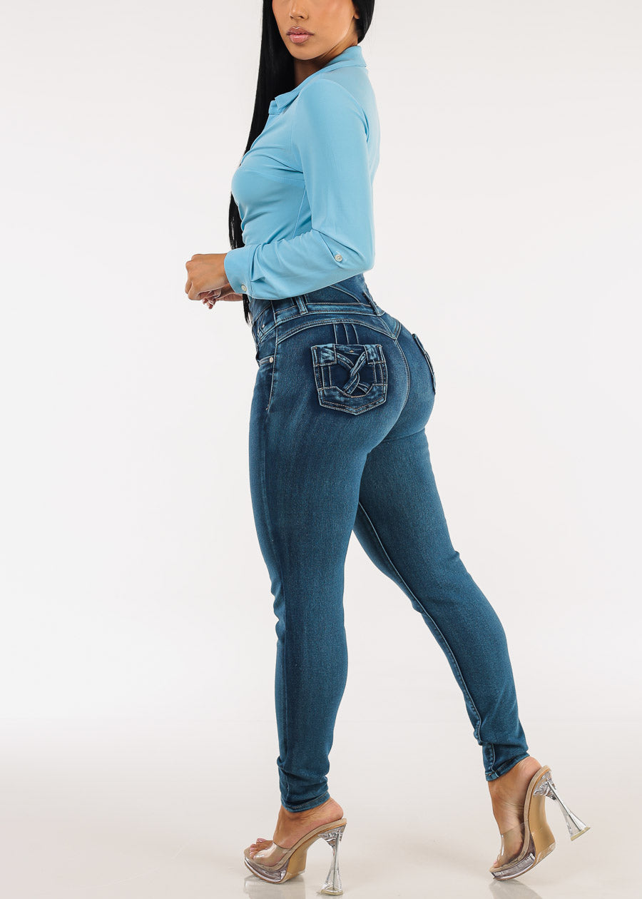 Butt Lift Super High Waist Stretch Skinny Jeans Med Sand Wash