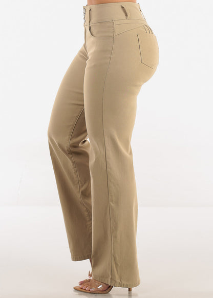 MX JEANS Butt Lift Hyper Stretch Straight Wide Leg Pants Khaki