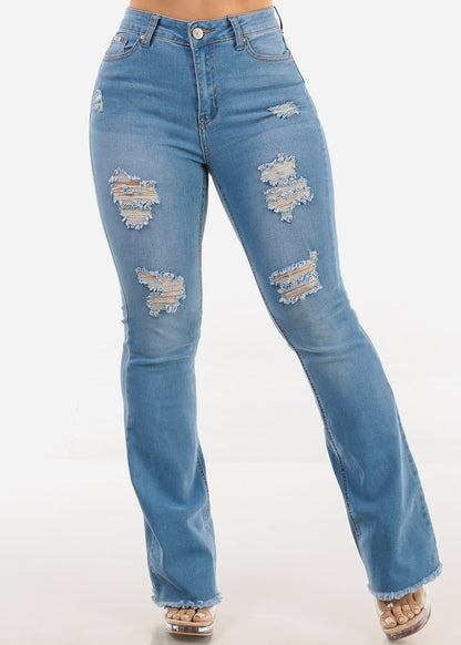 Stretchy High Waist Distressed Bootcut Jeans Light Blue