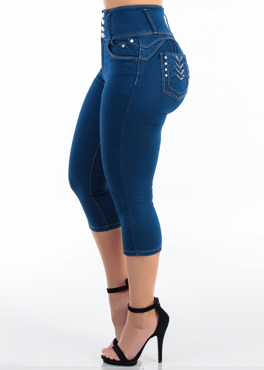 Butt Lift Super High Waisted Stretch Indigo Denim Capris