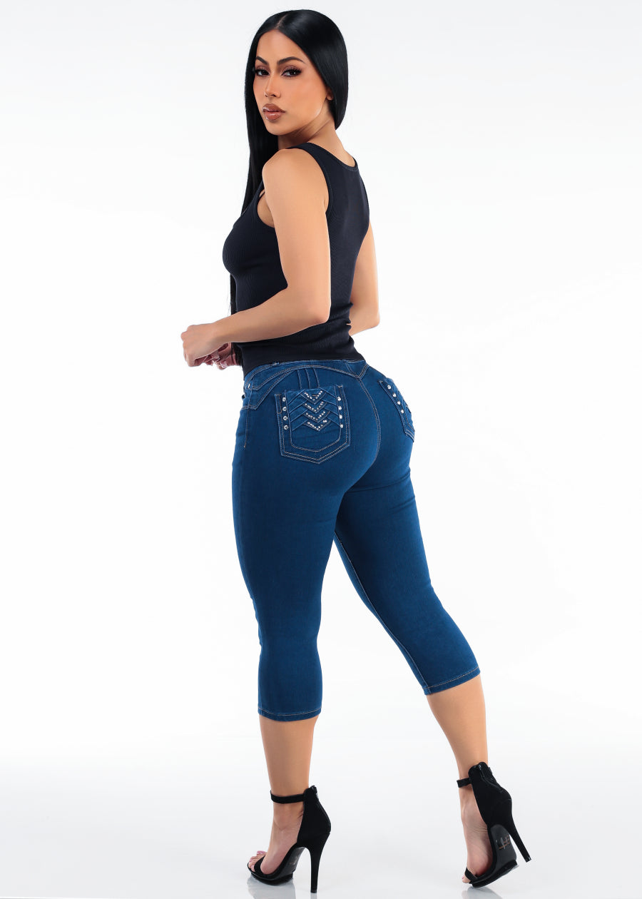Butt Lift Super High Waisted Stretch Indigo Denim Capris