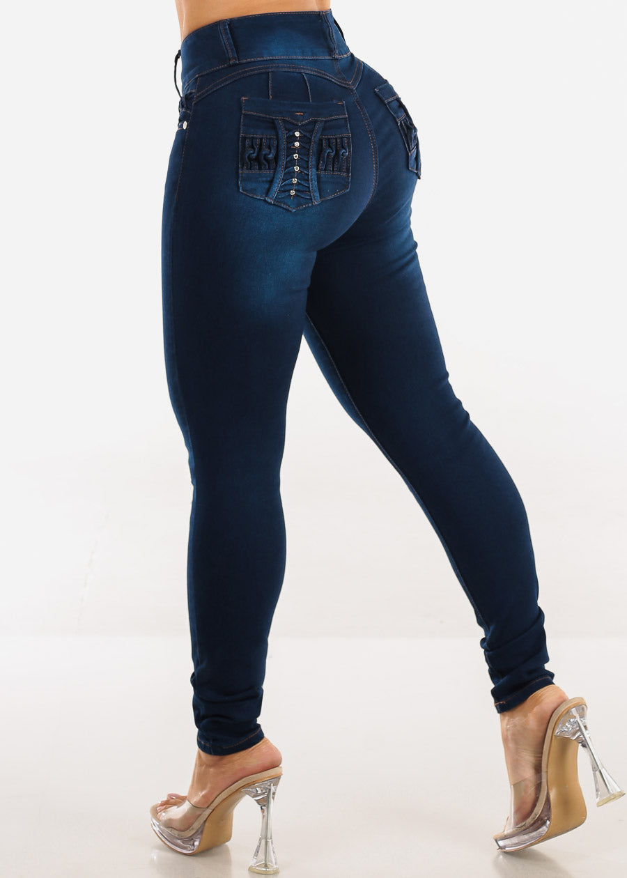 Butt Lift High Waisted Stretch Skinny Jeans Dark Blue