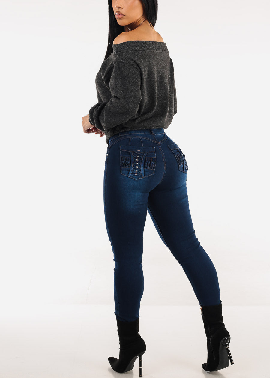 Butt Lift High Waisted Stretch Skinny Jeans Dark Blue