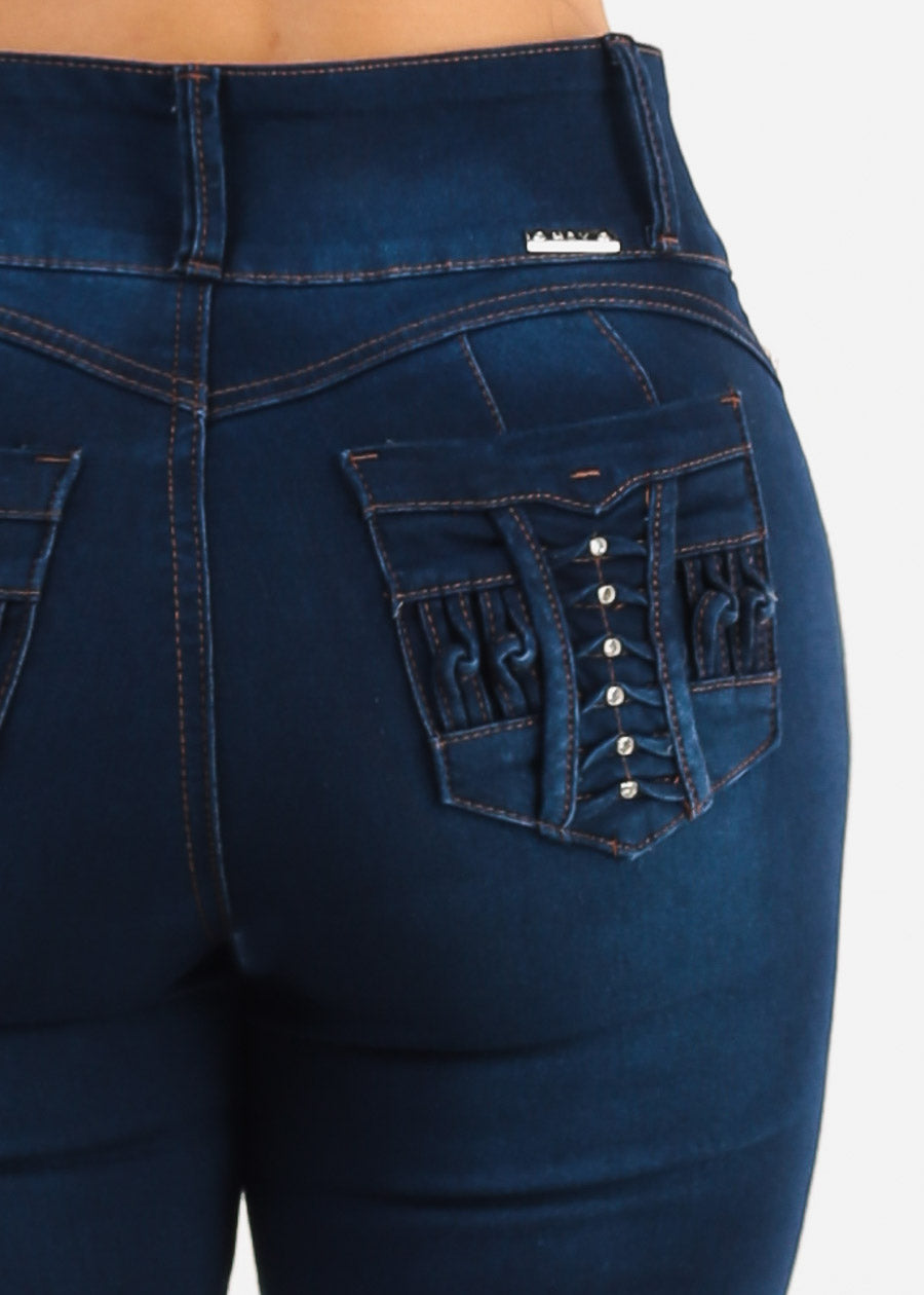 Butt Lift High Waisted Stretch Skinny Jeans Dark Blue