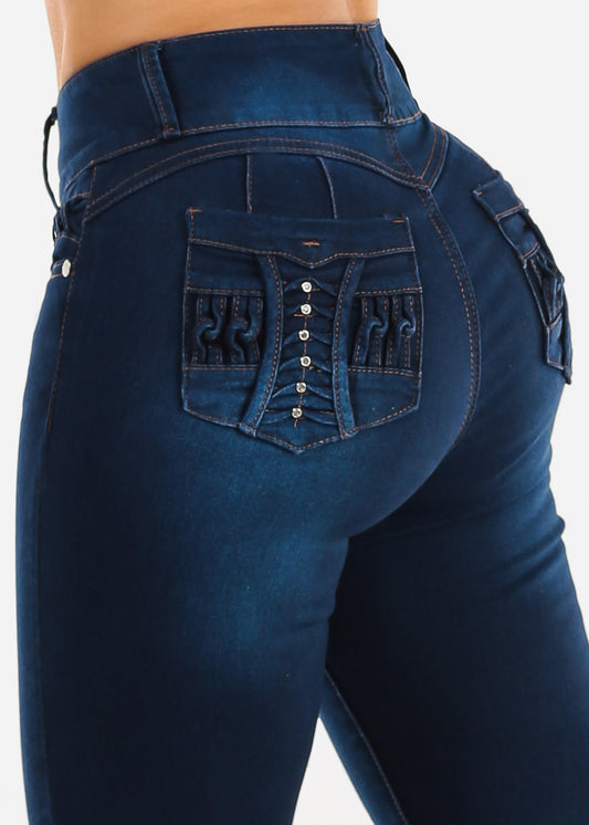 Butt Lift High Waisted Stretch Skinny Jeans Dark Blue