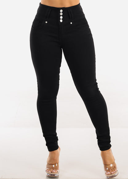 Butt Lift Super High Waist Stretch Skinny Jeans Black w Pocket Design