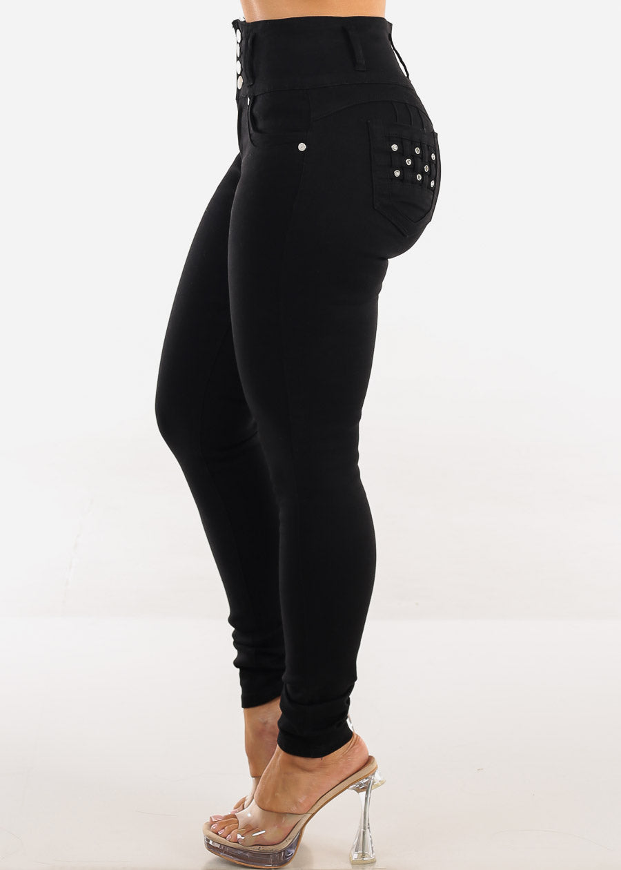Butt Lift Super High Waist Stretch Skinny Jeans Black w Pocket Design
