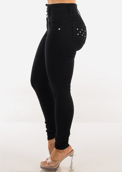 Butt Lift Super High Waist Stretch Skinny Jeans Black w Pocket Design