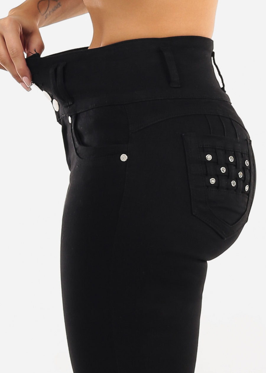 Butt Lift Super High Waist Stretch Skinny Jeans Black w Pocket Design