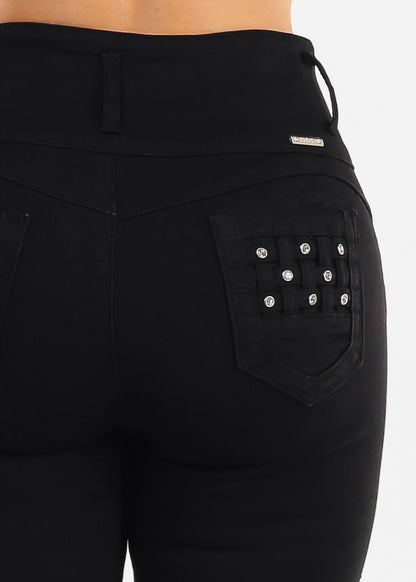 Butt Lift Super High Waist Stretch Skinny Jeans Black w Pocket Design