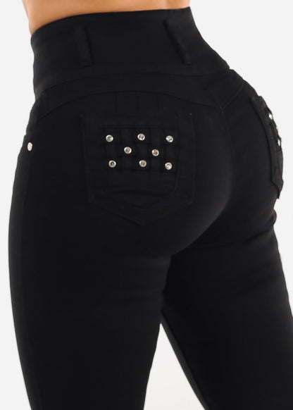 Butt Lift Super High Waist Stretch Skinny Jeans Black w Pocket Design