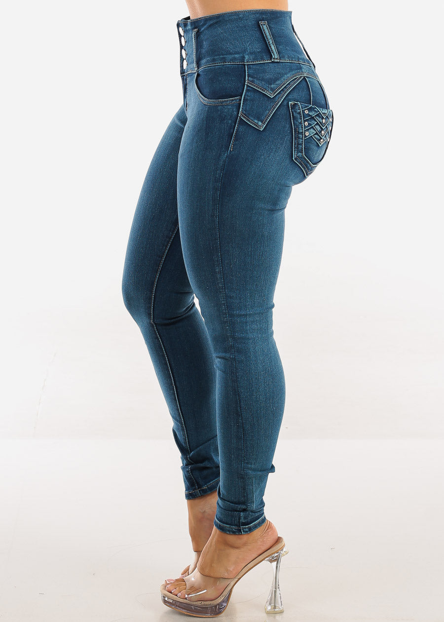 Butt Lift High Waisted Stretch Skinny Jeans Med Sand Wash