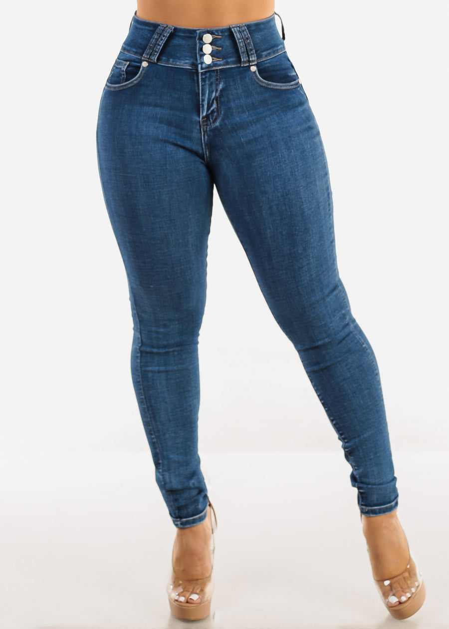 Butt Lift High Waisted Skinny Jeans Dark Bleach Wash