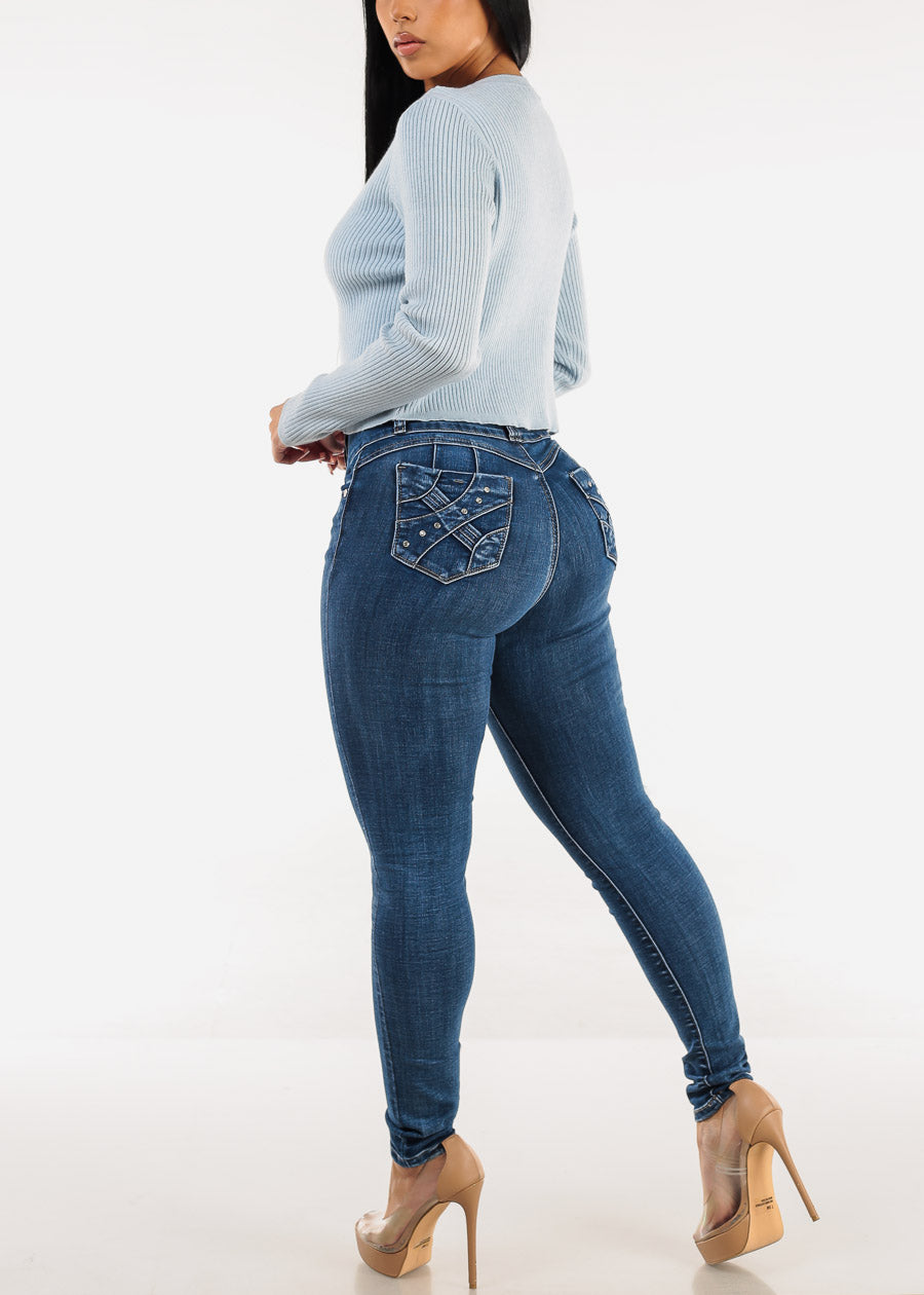 Butt Lift High Waisted Skinny Jeans Dark Bleach Wash