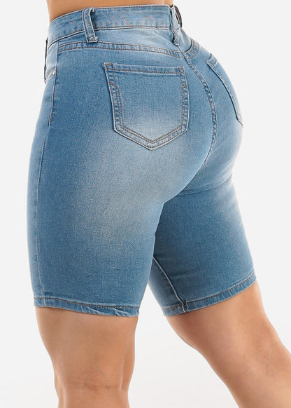 Stretchy Mid Rise Denim Bermuda Shorts Light Blue