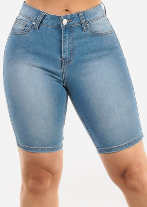 Stretchy Mid Rise Denim Bermuda Shorts Light Blue