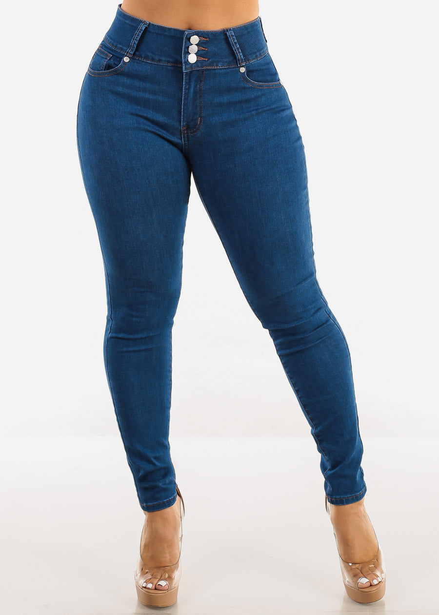 Butt Lift High Waist Skinny Jeans Indigo w Back Pocket Design