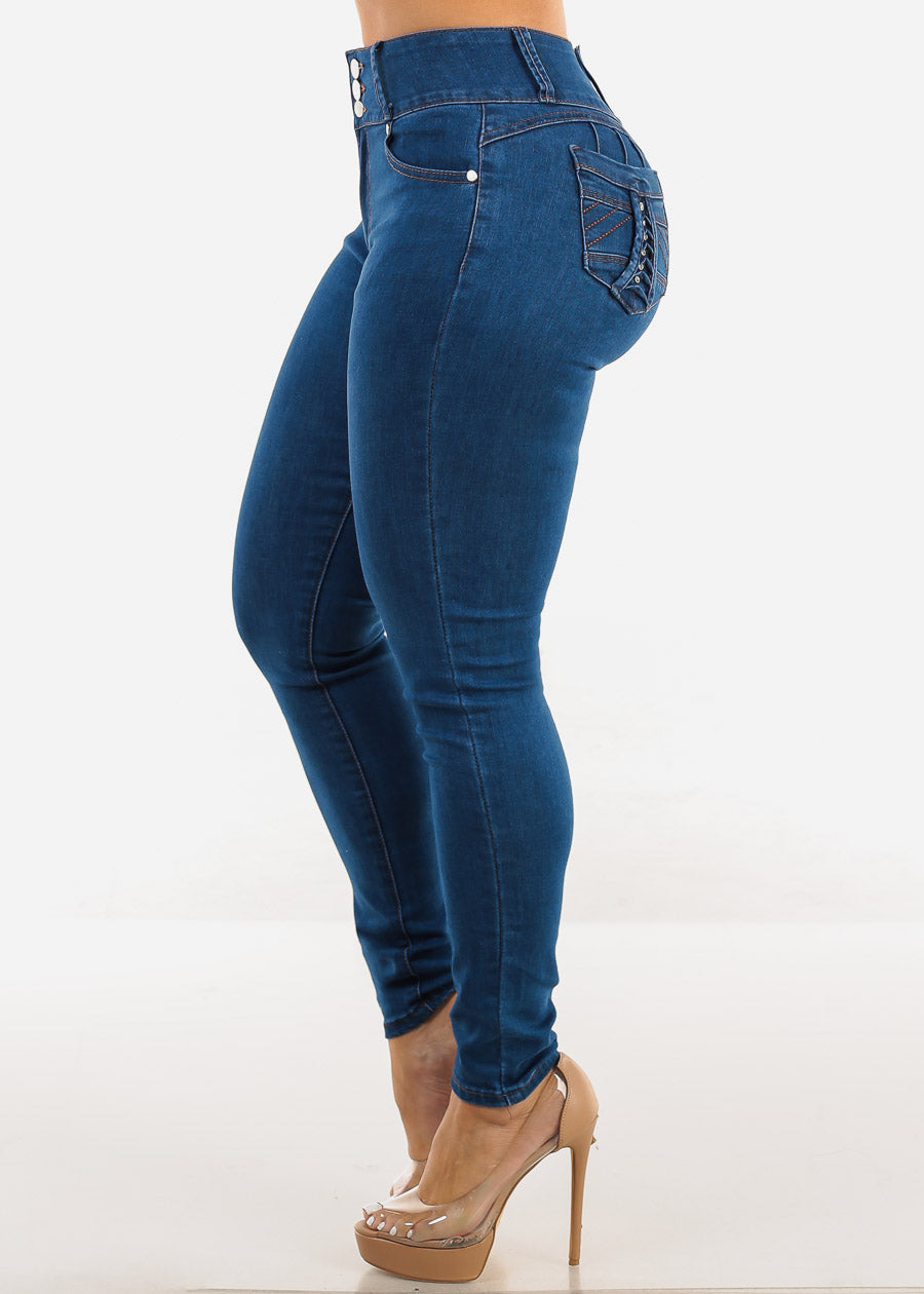 Butt Lift High Waist Skinny Jeans Indigo w Back Pocket Design