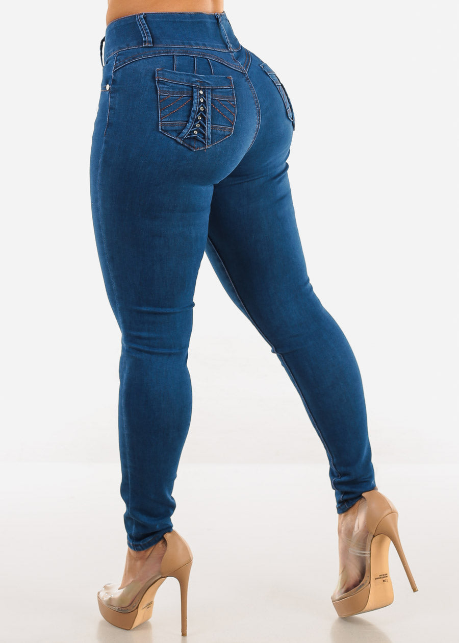 Butt Lift High Waist Skinny Jeans Indigo w Back Pocket Design