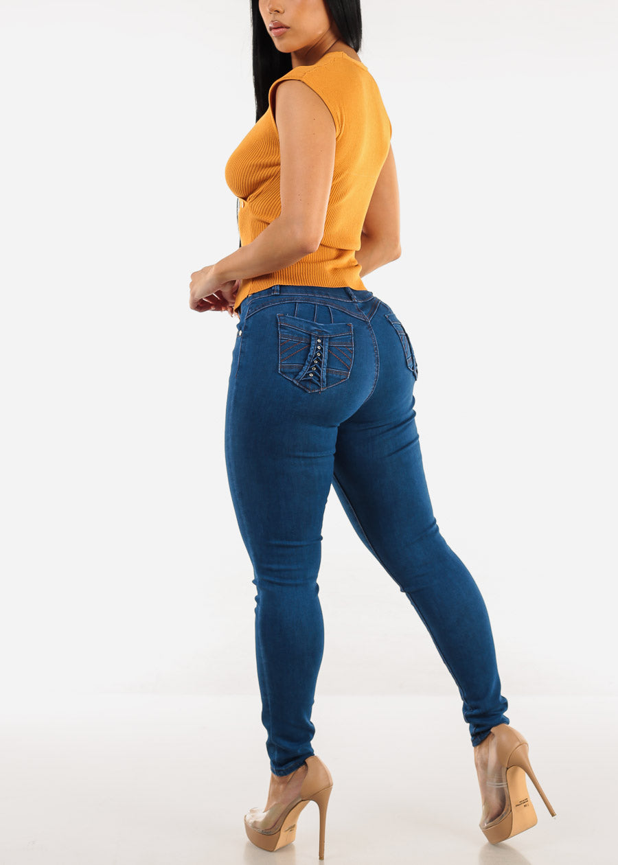 Butt Lift High Waist Skinny Jeans Indigo w Back Pocket Design