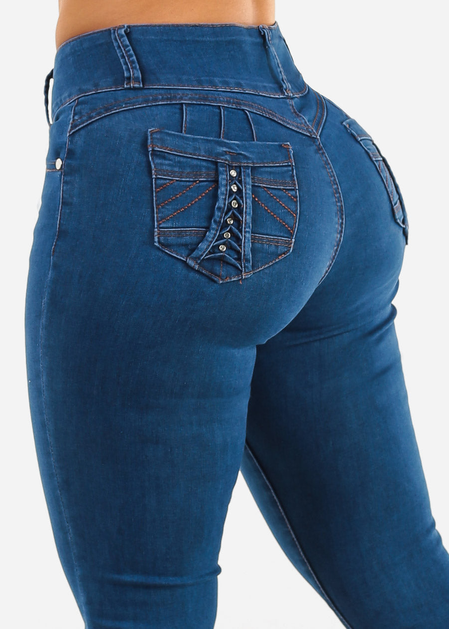 Butt Lift High Waist Skinny Jeans Indigo w Back Pocket Design