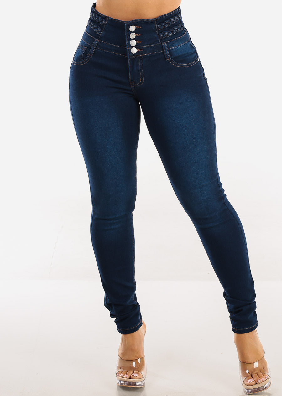 Butt Lift High Waist Stretch Dark Skinny Jeans w Braided Detail
