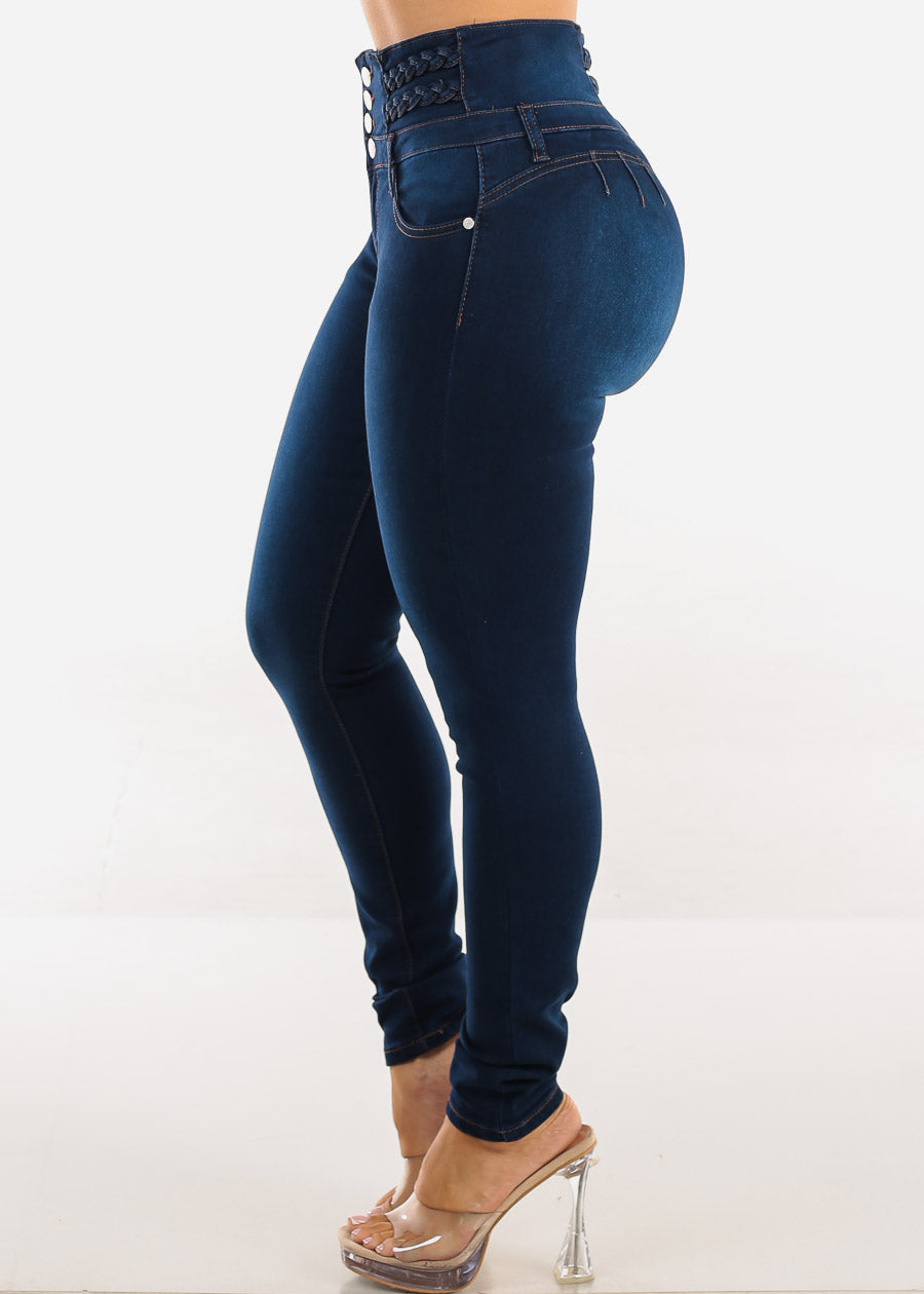 Butt Lift High Waist Stretch Dark Skinny Jeans w Braided Detail