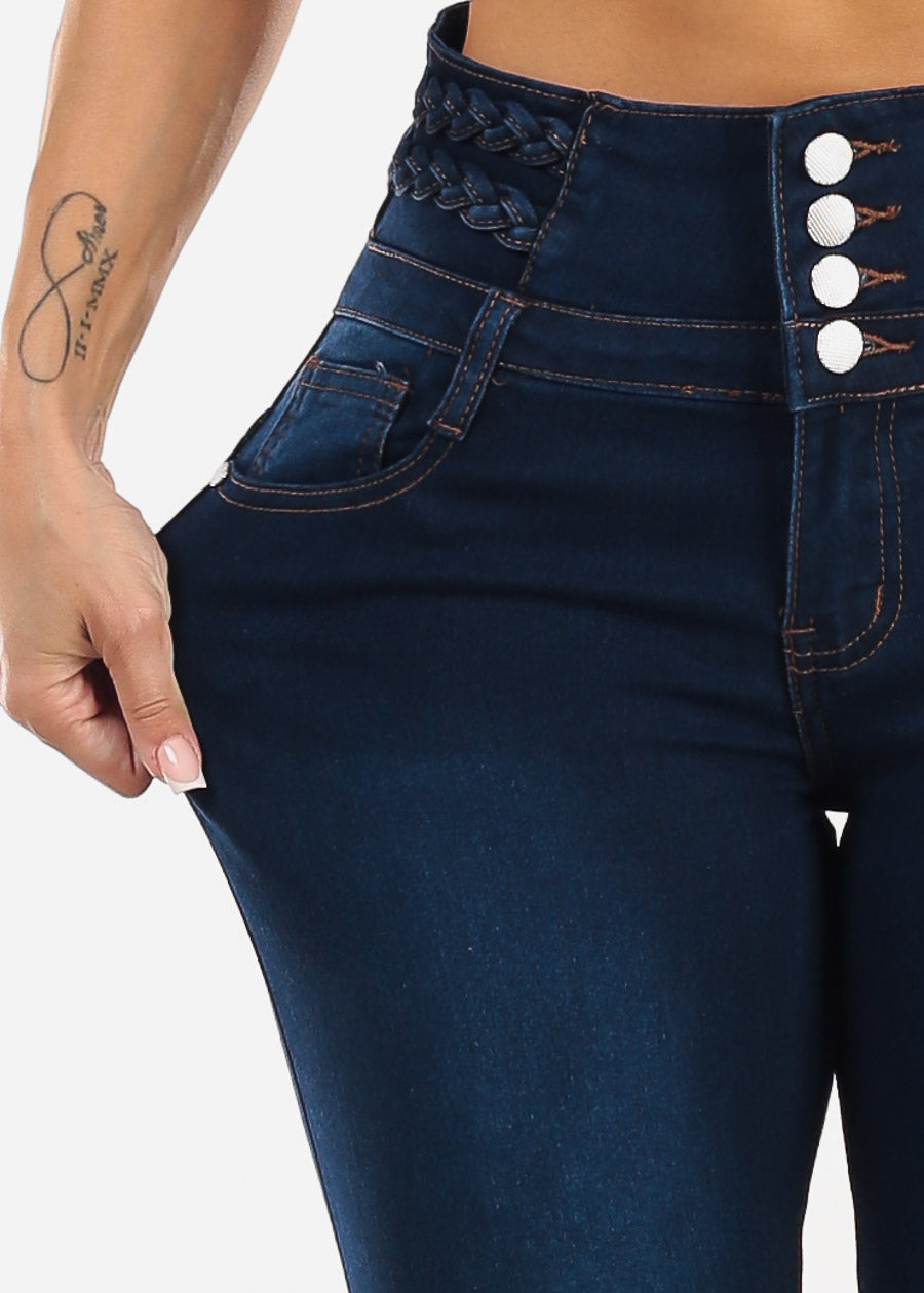 Butt Lift High Waist Stretch Dark Skinny Jeans w Braided Detail