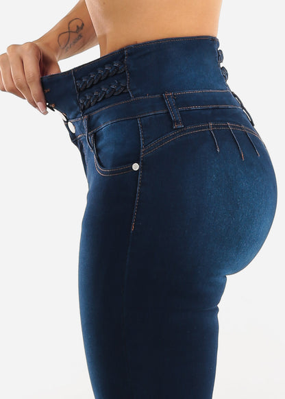 Butt Lift High Waist Stretch Dark Skinny Jeans w Braided Detail