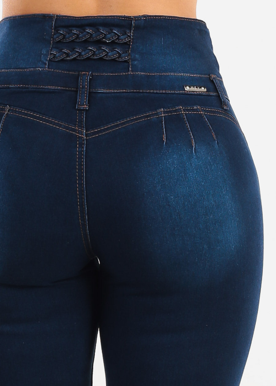 Butt Lift High Waist Stretch Dark Skinny Jeans w Braided Detail