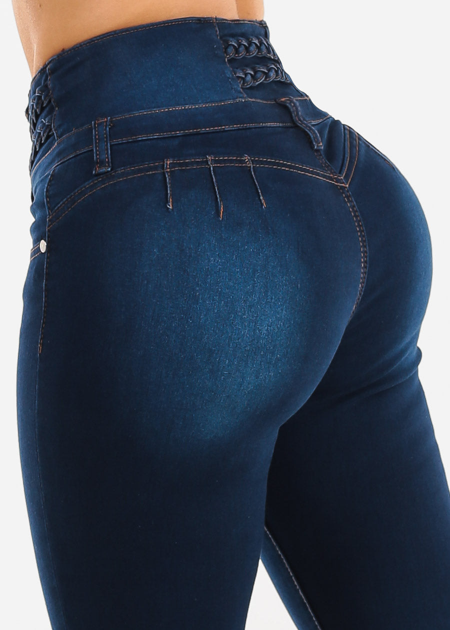 Butt Lift High Waist Stretch Dark Skinny Jeans w Braided Detail