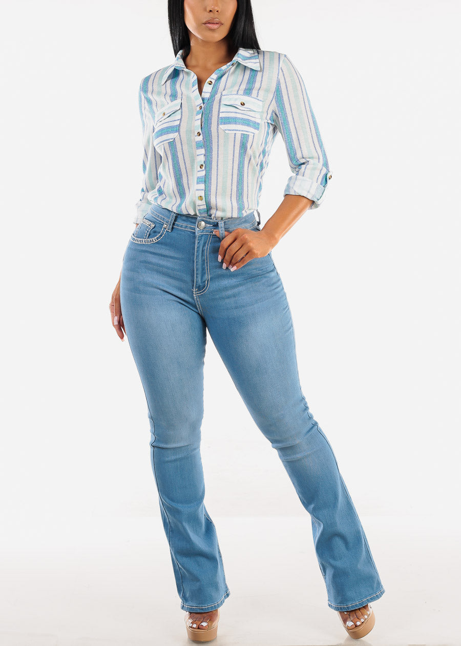 Super High Waist Light Bootcut Jeans w Back Pocket Design