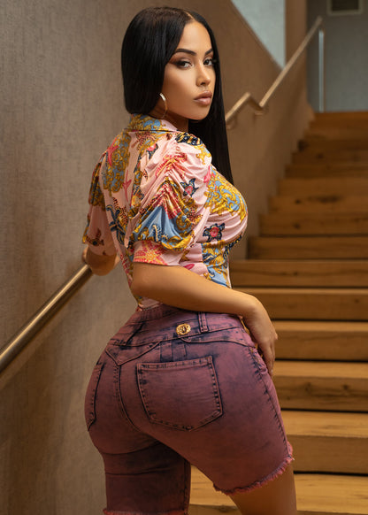 Butt Lift Mid Thigh Frayed Denim Shorts Acid Wash