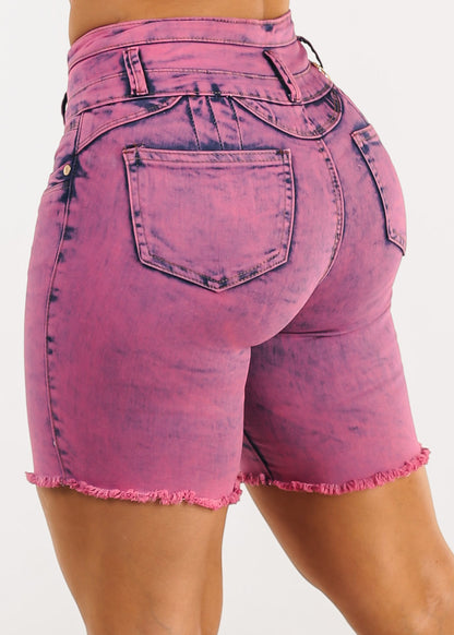 Butt Lift Mid Thigh Frayed Denim Shorts Acid Wash
