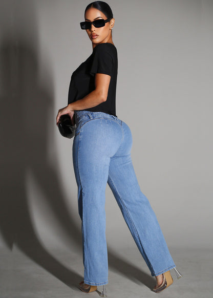 MX JEANS Butt Lift 5 Button Spandex Waist Straight Wide Leg Jeans Light Wash