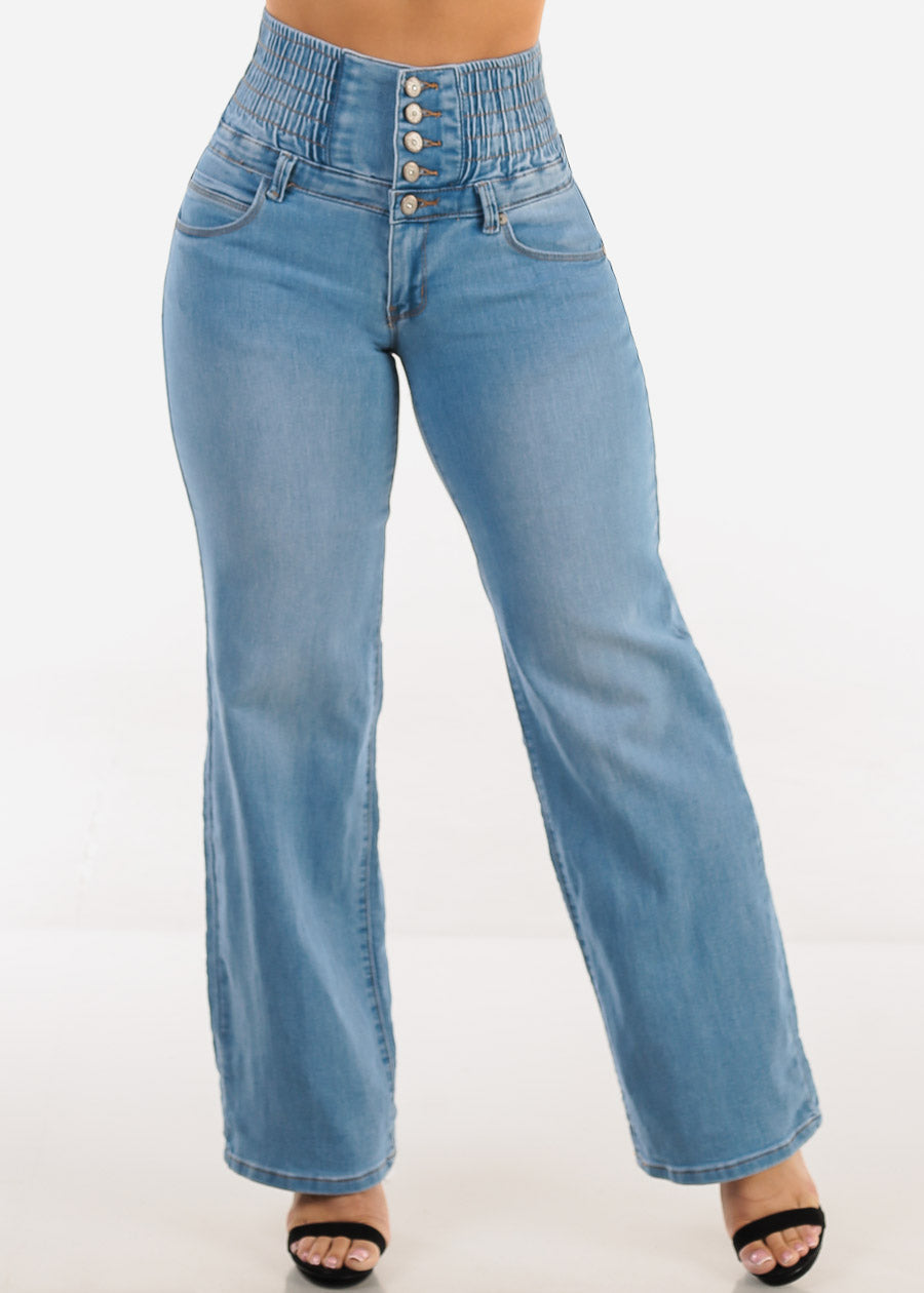 MX JEANS Butt Lift 5 Button Spandex Waist Straight Wide Leg Jeans Light Wash