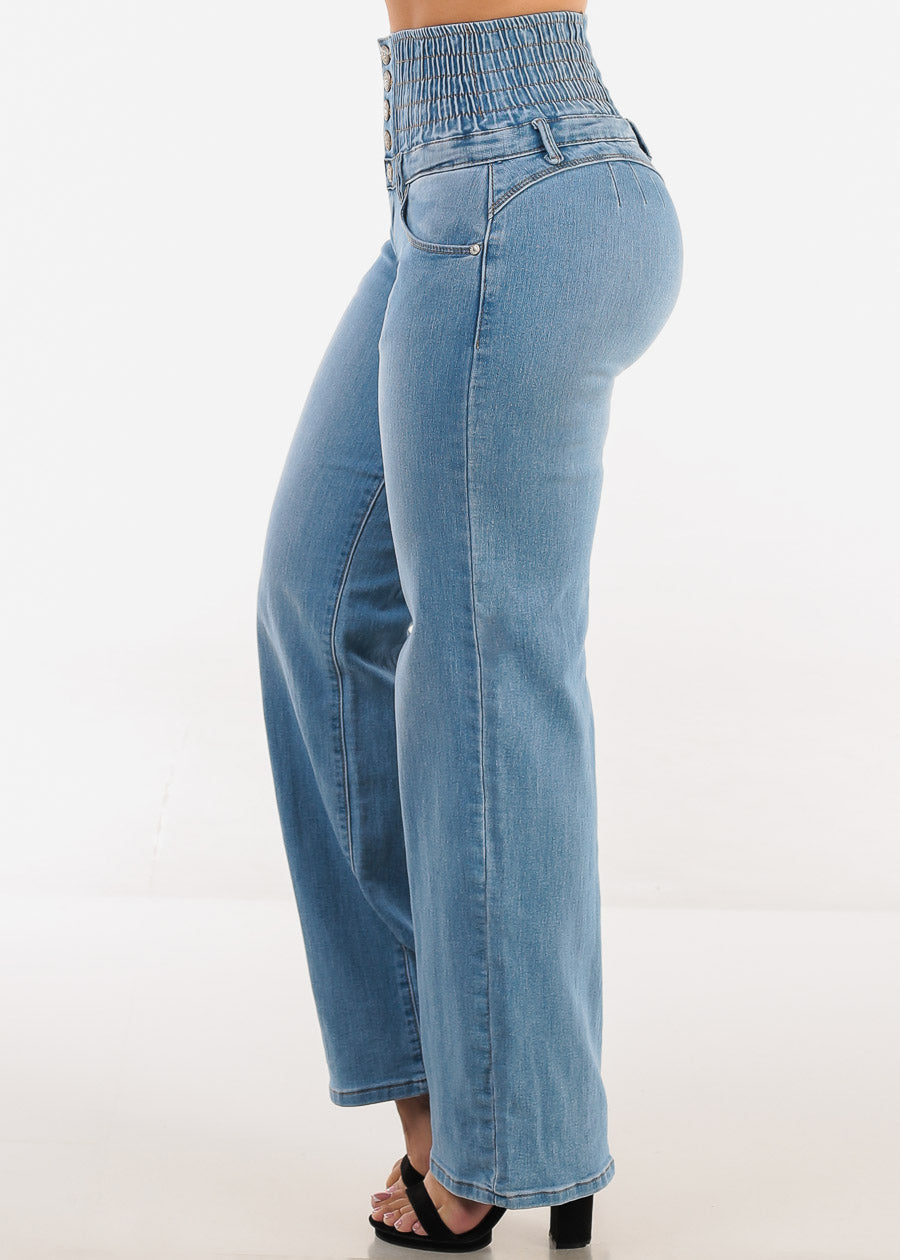 MX JEANS Butt Lift 5 Button Spandex Waist Straight Wide Leg Jeans Light Wash