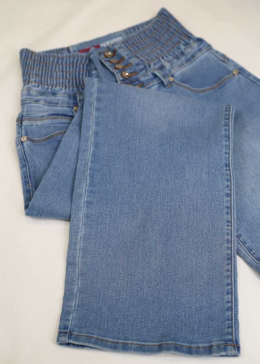 MX JEANS Butt Lift 5 Button Spandex Waist Straight Wide Leg Jeans Light Wash