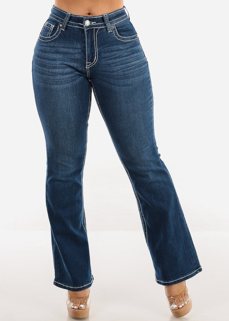 High Waist Indigo Bootcut Jeans w Back Pocket Design