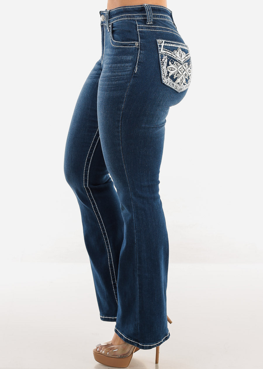 High Waist Indigo Bootcut Jeans w Back Pocket Design