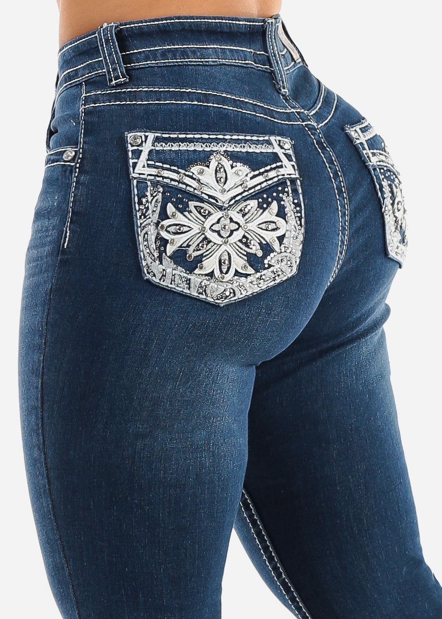 High Waist Indigo Bootcut Jeans w Back Pocket Design