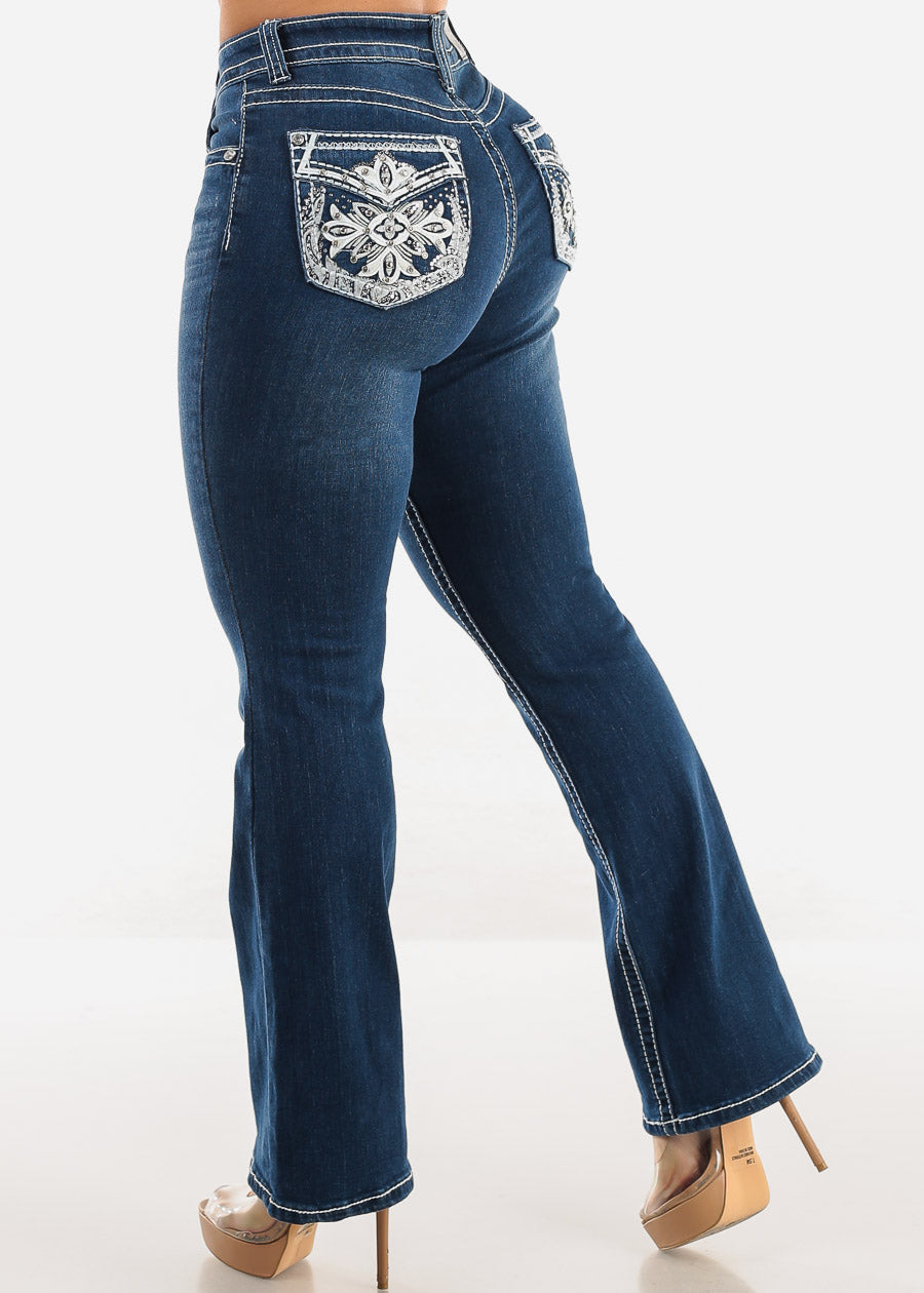 High Waist Indigo Bootcut Jeans w Back Pocket Design