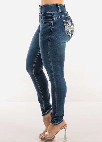 Butt Lift High Waist Skinny Jeans w Back Pocket Design