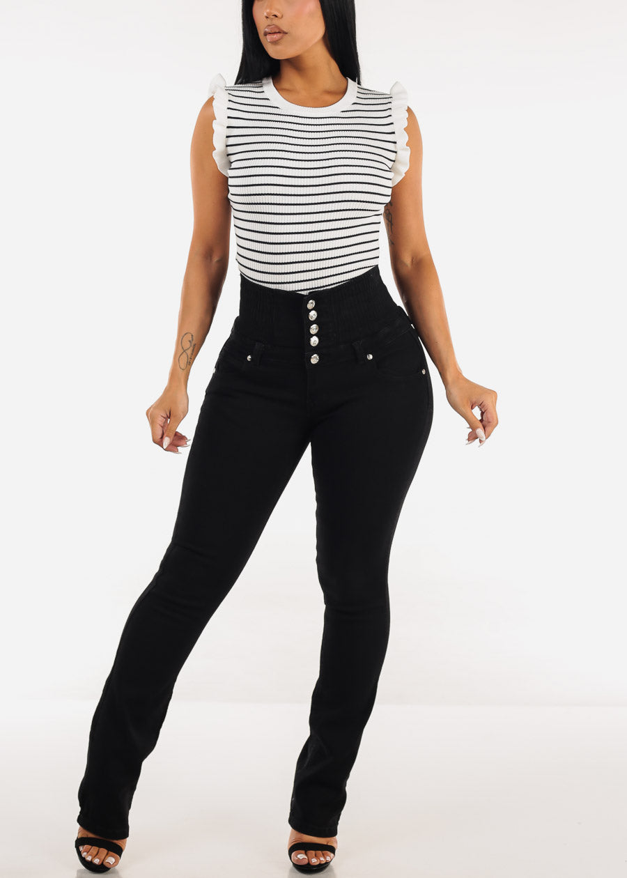 MX JEANS 5 Button Spandex Waist Bootcut Jeans Black