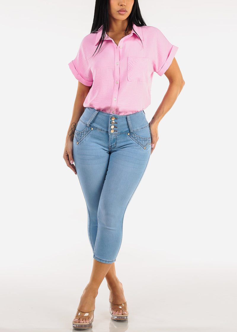 MX JEANS Butt Lift Mid Rise Stretch Denim Capris Light Wash