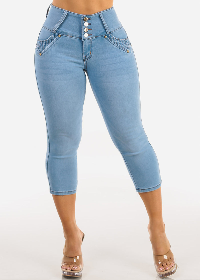 MX JEANS Butt Lift Mid Rise Stretch Denim Capris Light Wash