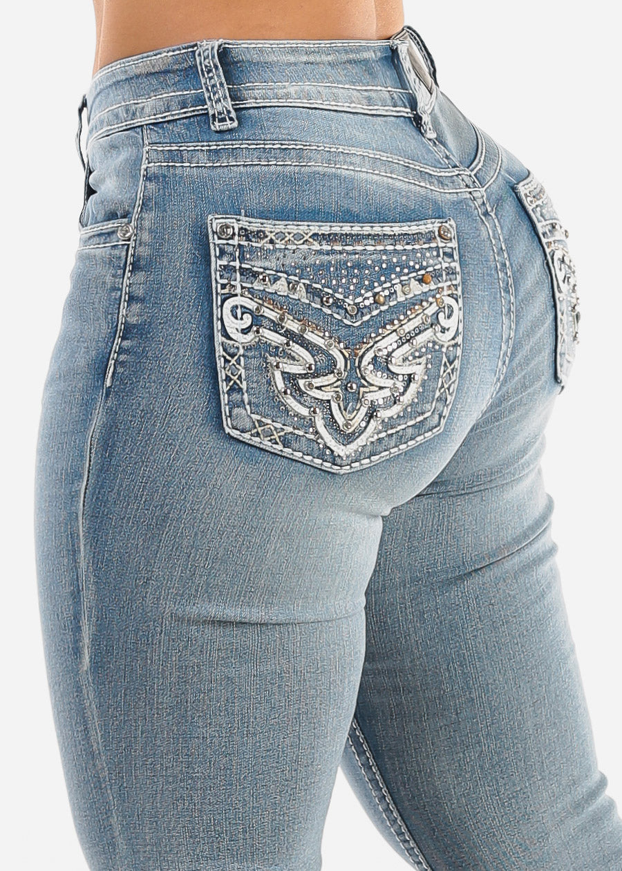 High Waist Light Wash Bootcut Jeans w Back Pocket Design